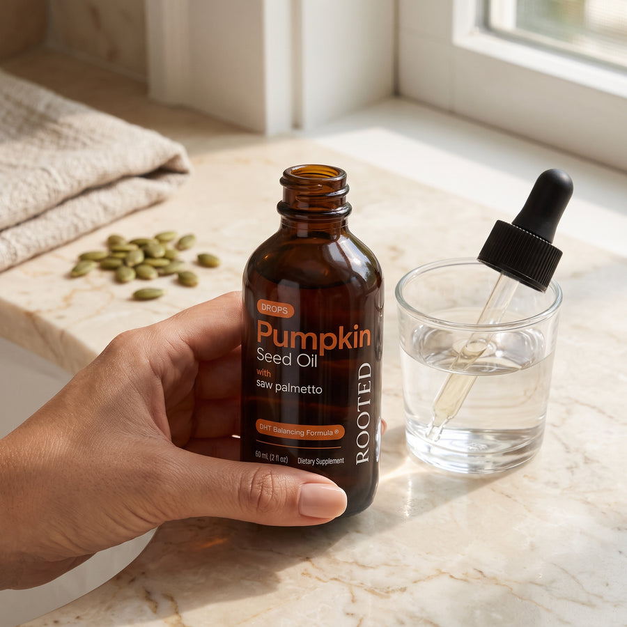 Hand holding a bottle of Rooted drops on a bathroom counter